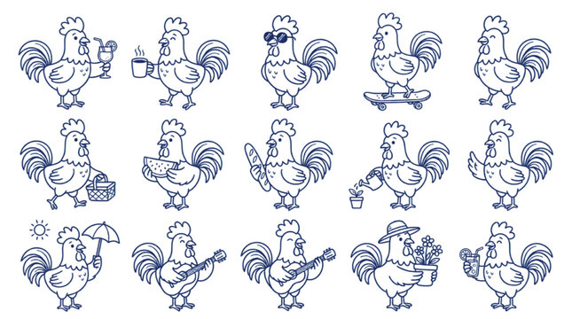 Hand drawn rooster character set, 15 funny chicken mascot icons in blue line art, cute farm bird illustrations for branding and stickers