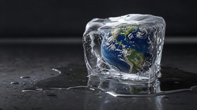 Planet Earth Frozen in Melting Ice Cube Conceptual