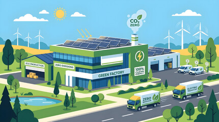 Naklejka premium Eco-Conscious Manufacturing Plant Powered by Renewable Energy and Supported by Zero Emission Transportation