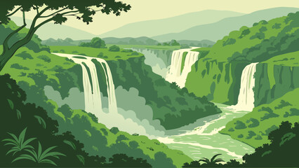 Waterfall landscape illustration in lush green forest with waterfall, landscape © Sara
