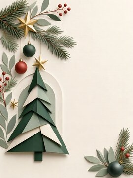 Minimalist Christmas paper art background, elegant geometric evergreen tree with gold stars, festive holiday border with fir branches and red berries