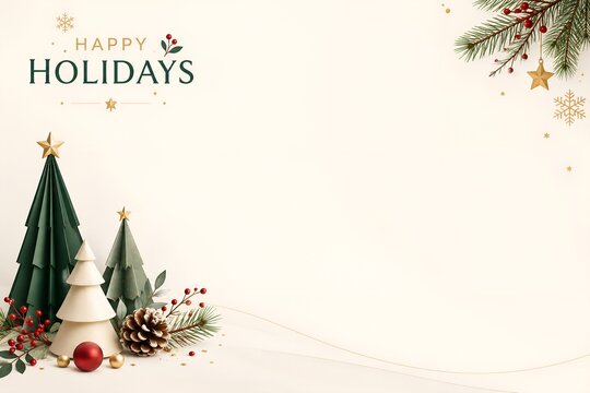 Happy Holidays greeting card background, elegant Christmas composition with paper craft trees, festive winter border with pine branches and red berries