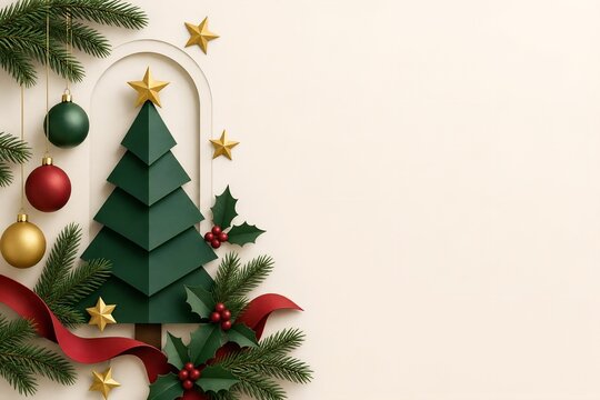 Minimalist Christmas background with paper craft tree, elegant holiday card template with copy space, festive green and red ornaments on cream surface