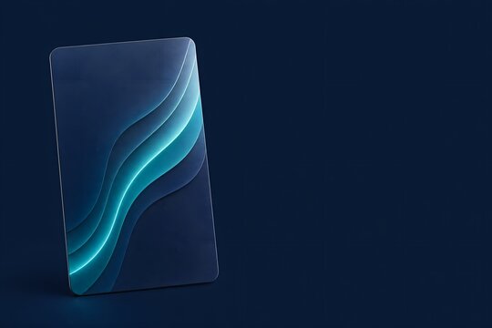 Futuristic translucent credit card with glowing blue waves, premium glass bank card mockup, sleek digital payment concept for fintech and banking