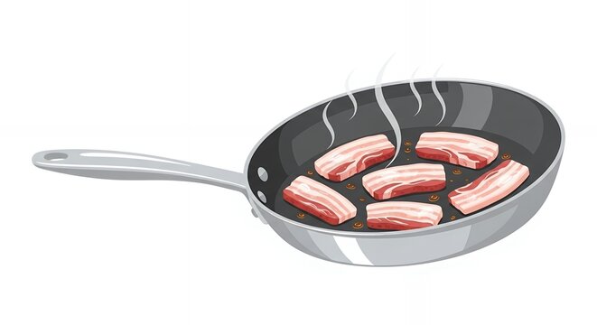 Sizzling Fresh Bacon Strips Frying in a Silver Metal Pan Isolated on White Background for Culinary Design Projects