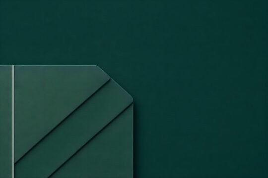 Dark emerald green geometric background, abstract paper layers with diagonal lines, elegant textured surface for luxury branding and corporate design