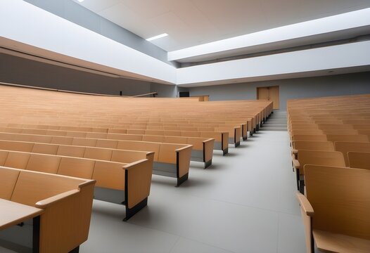 A quiet university lecture hall with empty wooden seats, soft overcast daylight