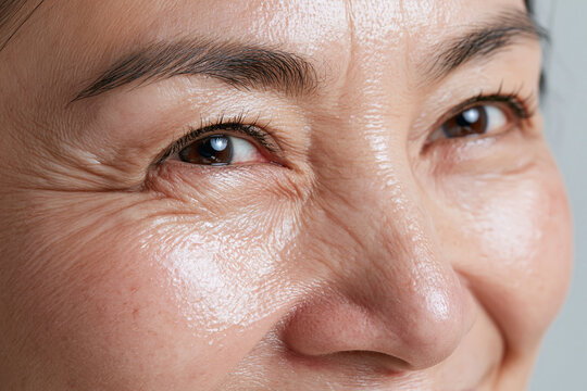 Extreme close up portrait of middle aged Japanese woman smiling with visible cheek wrinkle and natural skin texture, bright eyes and expressive crow feet conveying warmth and vitality