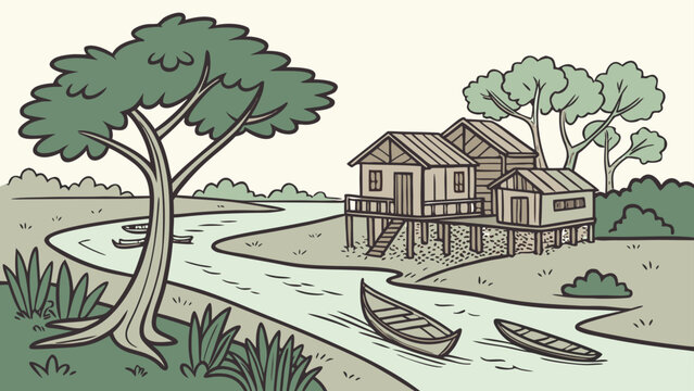 Rustic stilt houses by the river with small boats landscape traditional