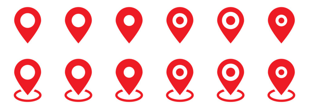 Red map pin icon set. Solid location pointer symbols with target centers, different hole sizes and circular bases, GPS navigation, place marker and destination point collection.