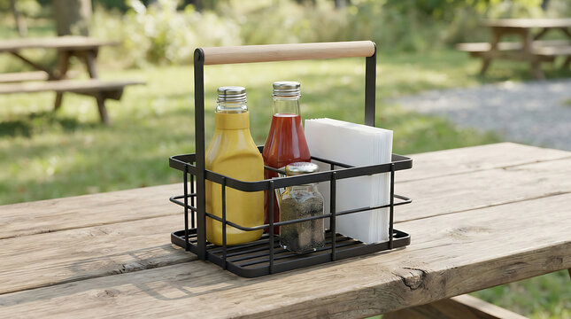 Black metal condiment caddy with mustard, ketchup, and napkins on a wooden picnic table outdoors