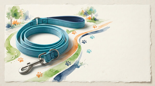 Blue dog leash with metal clip on watercolor paper background, with painted paw, prints and trees