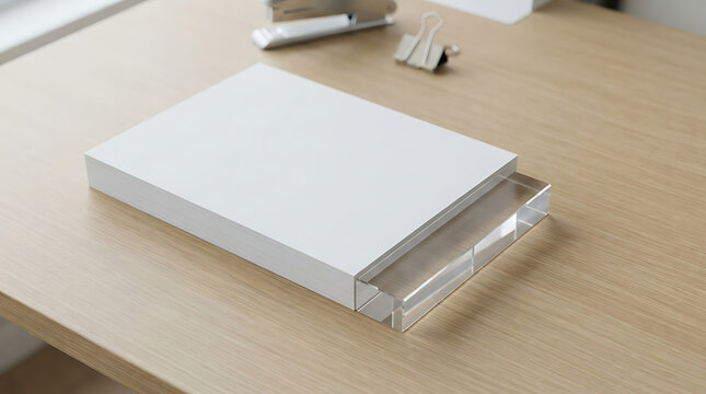 Blank white paper stack with a clear acrylic paperweight on a light wooden office desk surface