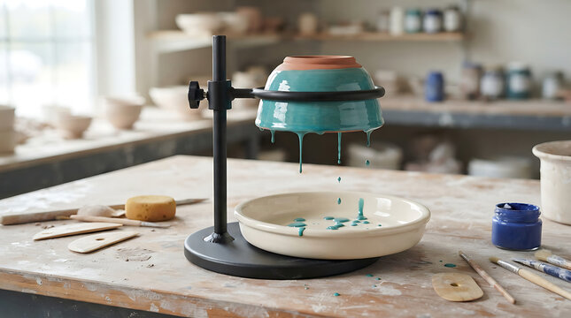Ceramic bowl being glazed on a metal stand with dripping blue liquid in a pottery workshop studio