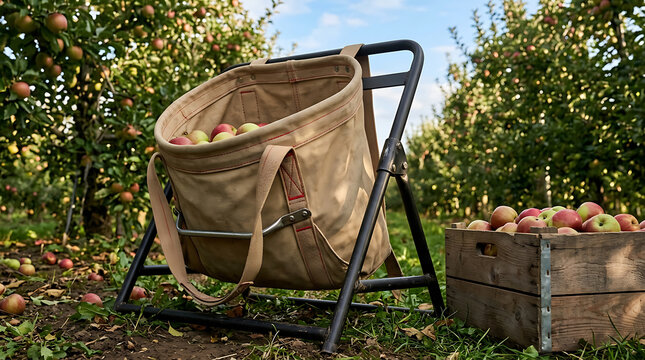 Canvas apple picking bag on a metal stand next to a wooden crate full of fresh red apples in orchard