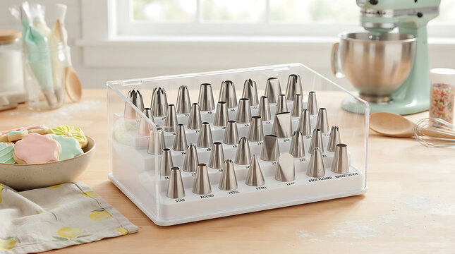 Clear acrylic organizer case filled with stainless steel cake decorating piping tips on table