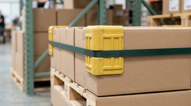 Cardboard boxes on a wooden pallet secured with green strapping and yellow plastic corner protectors
