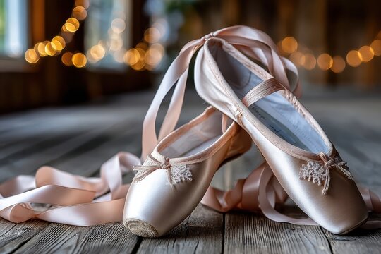 Pink Ballet Pointe Shoes on Wooden Floor with Bokeh Lights