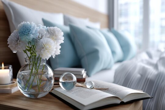 Cozy bedroom corner with flowers, open book, and soft pillows in natural light