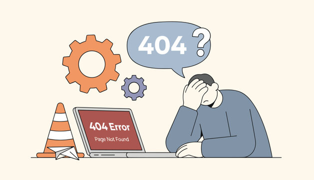 Website 404 error page concept showing a stressed man at his laptop next to technical gear and a warning traffic cone.