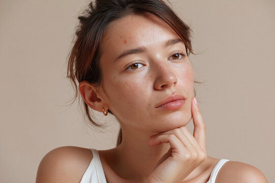 Young adult woman with dull skin tone and acne pondering skincare needs, thoughtful expression and natural lighting