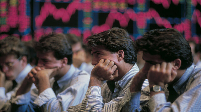 Stressed stock traders reacting to a financial market crash on a busy trading floor, capturing economic uncertainty and stock exchange volatility