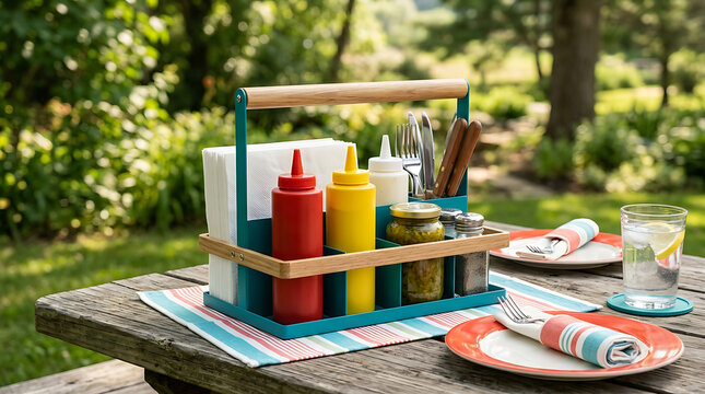 Picnic condiment caddy with squeeze bottles and napkins on a striped tablecloth outdoors in summer