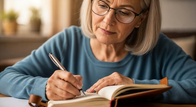 Elderly woman writing in notebook at home during daytime. Quiet atmosphere with natural sunlight illuminating workspace, emphasizing moments of reflection and creativity.