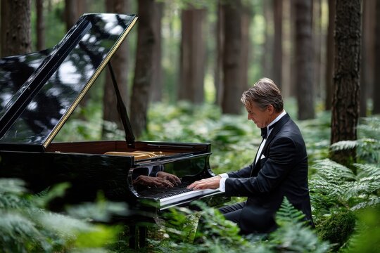 Man in formal attire plays piano in lush forest surrounded by ferns during daytime