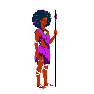 Vector illustration of an ancient tribal woman warrior with an afro holding a hunting spear.