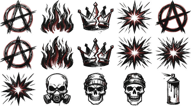 Grungy punk rock vector elements set featuring anarchy symbols flames crowns skulls starbursts and spray paint can.eps