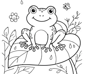 Fototapeta premium Charming frog illustration on a branch with flowers and butterflies black and white