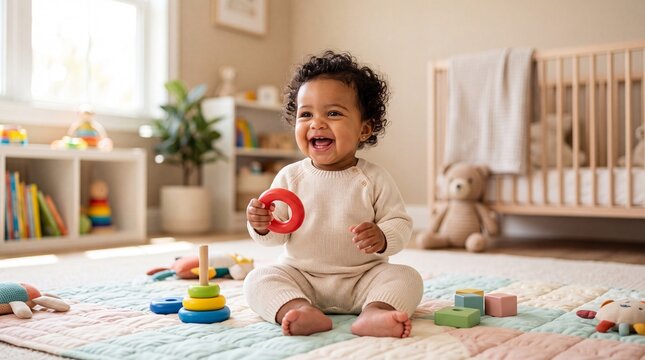 Happy African American baby girl laughing and playing with toys in a bright nursery