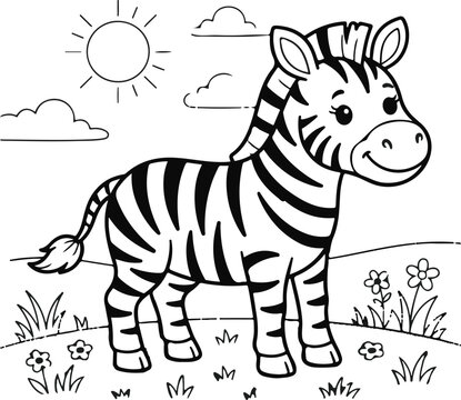 Cute zebra cartoon illustration for children's coloring book or nursery decor