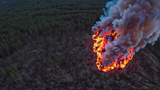 Aerial view of forest fire spreading rapidly. Thick smoke clouds rise above trees as flames engulf vegetation. Dramatic scene showcases nature's power and devastation.