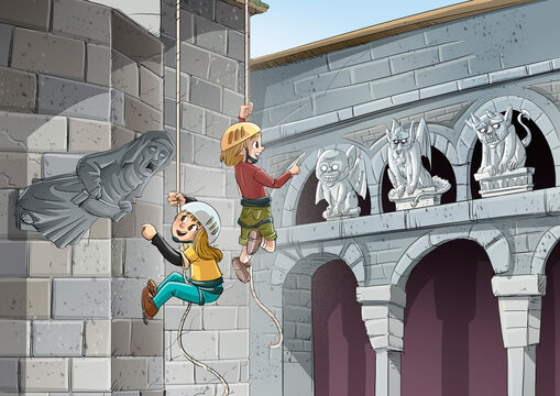 Scene of children climbing and observing the gargoyles of the cathedral, illustration