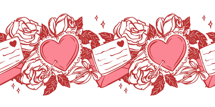 Vector pattern of white roses and a love letter. Seamless horizontal background of flowers with bow, message from a smitten admirer. Clipart for Valentine's Day. Coquette style festive romantic event