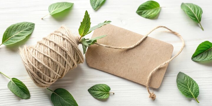 Eco-Friendly Packaging with Natural Twine and Blank Kraft Tag Surrounded by Fresh Greenery