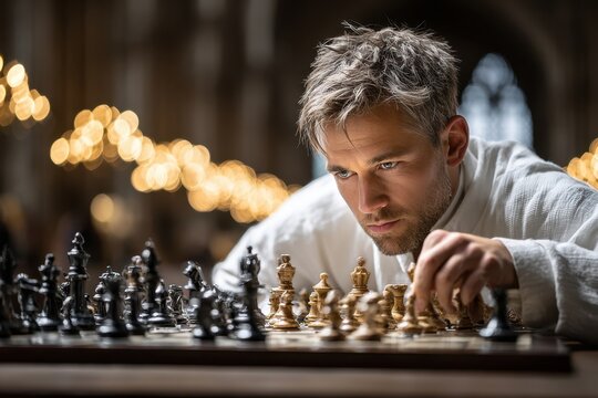 Young man concentrates while playing chess in a historic hall under warm lighting