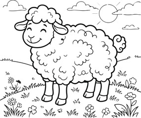 Obraz premium Charming black and white lamb illustration with flowers and clouds perfect for coloring pages