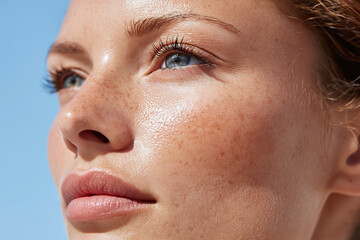 Fototapeta premium Young freckled woman with glossy healthy skin and blue eye looking upward in soft natural light