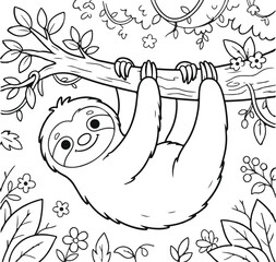 Charming sloth hanging from branch line art for kids' coloring pages and nursery decor © Humayra