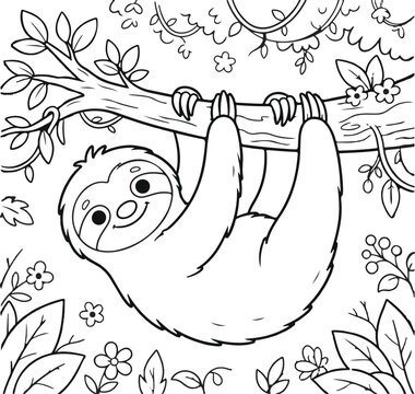 Charming sloth hanging from branch line art for kids' coloring pages and nursery decor