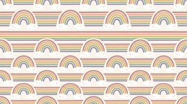 Seamless pattern of colorful pastel rainbows and clouds on stripes