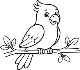 Charming cockatoo illustration black and white line art for coloring pages and children's designs © Humayra