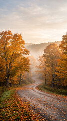 Fototapeta premium Photorealistic autumn country road lined with golden maple trees, colorful leaves covering the ground, soft morning fog, warm sunrise light filtering through the branches 
