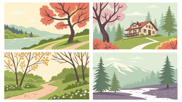 Four seasonal landscapes with a house and trees seasonal landscapes mountains