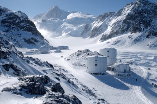 Snowy mountain landscape with research stations and hikers in winter