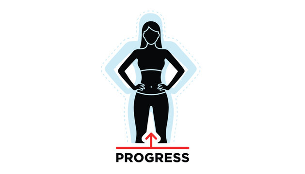 Fitness progress icon displaying a female silhouette with a slimming contour line and an upward arrow indicating weight loss.