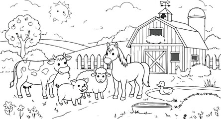 Obraz premium Farm animals and barnyard scene black and white coloring page for kids and educational use